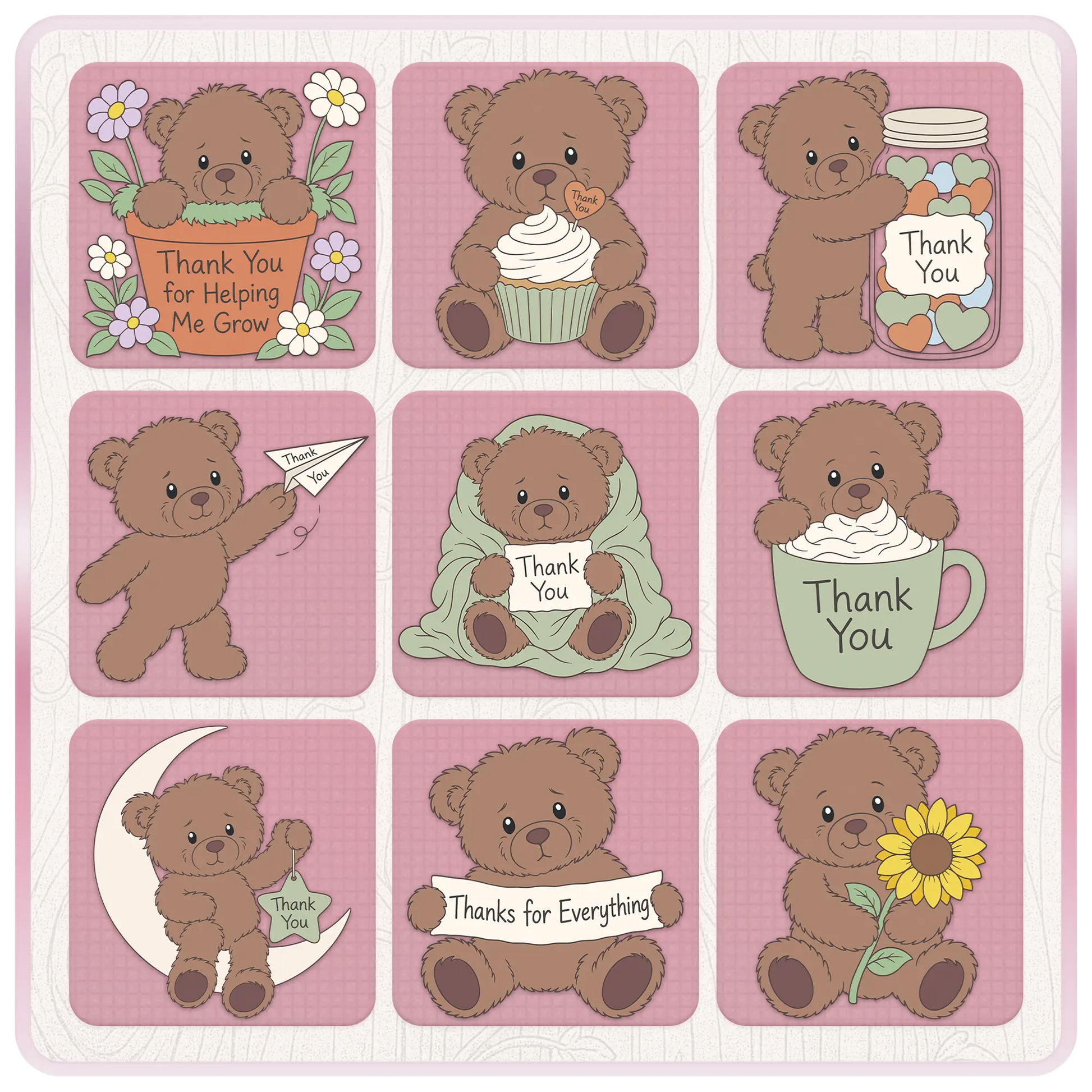 Additional thank you teddy bear SVG bundle designs featuring cupcakes, flowers, mugs, paper airplanes, sunflowers and gratitude messages