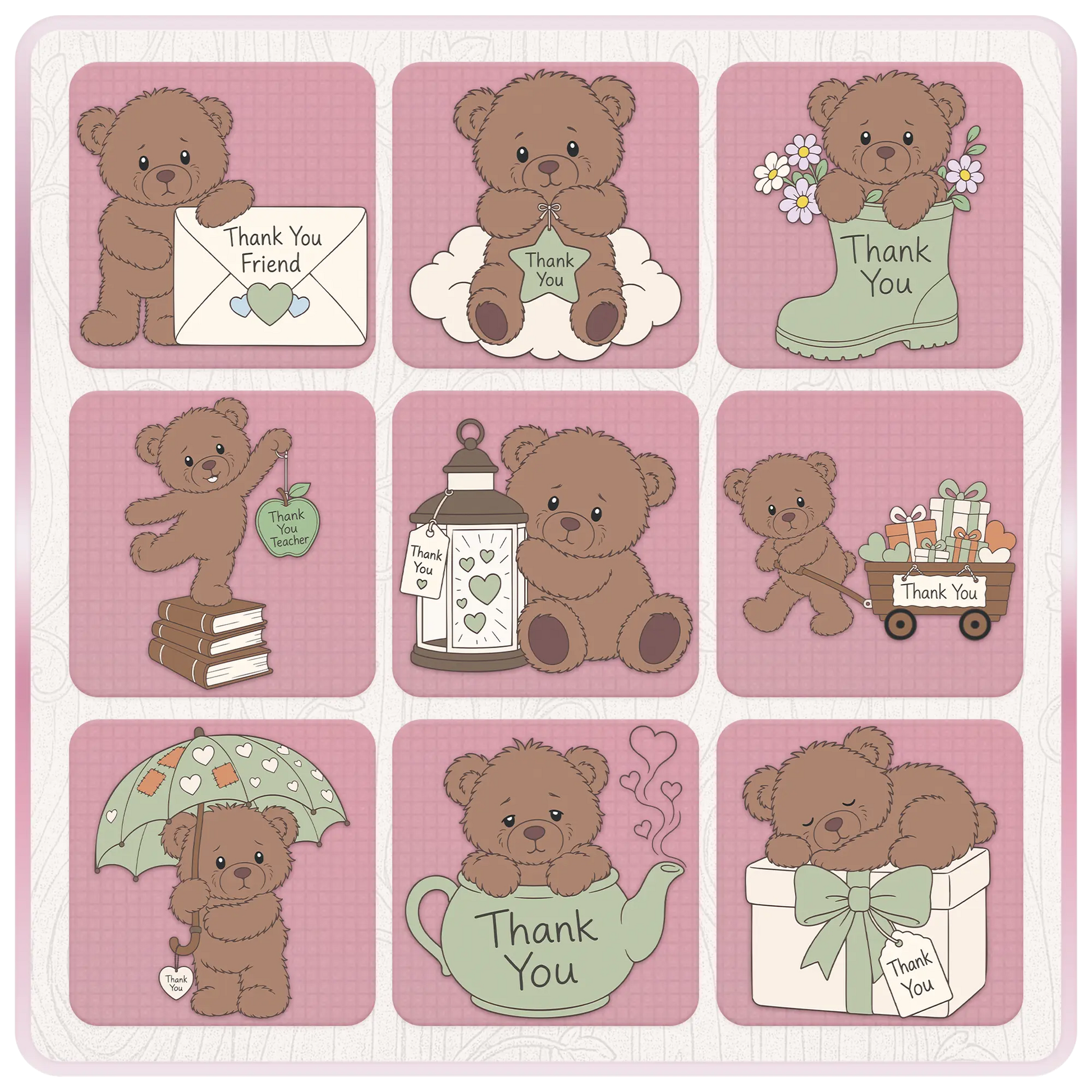 Brown teddy bear thank you SVG collection with teacher appreciation, friendship, gift wagon, umbrella, lantern and floral themed designs
