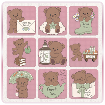 Brown teddy bear thank you SVG collection with teacher appreciation, friendship, gift wagon, umbrella, lantern and floral themed designs