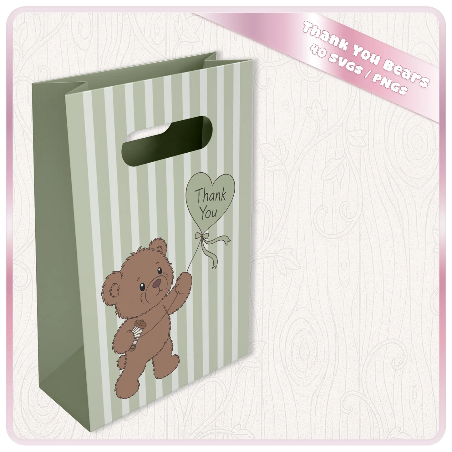Thank you teddy bear SVG design displayed on gift bag mockup for Cricut vinyl projects, personalised gifts and commercial crafting