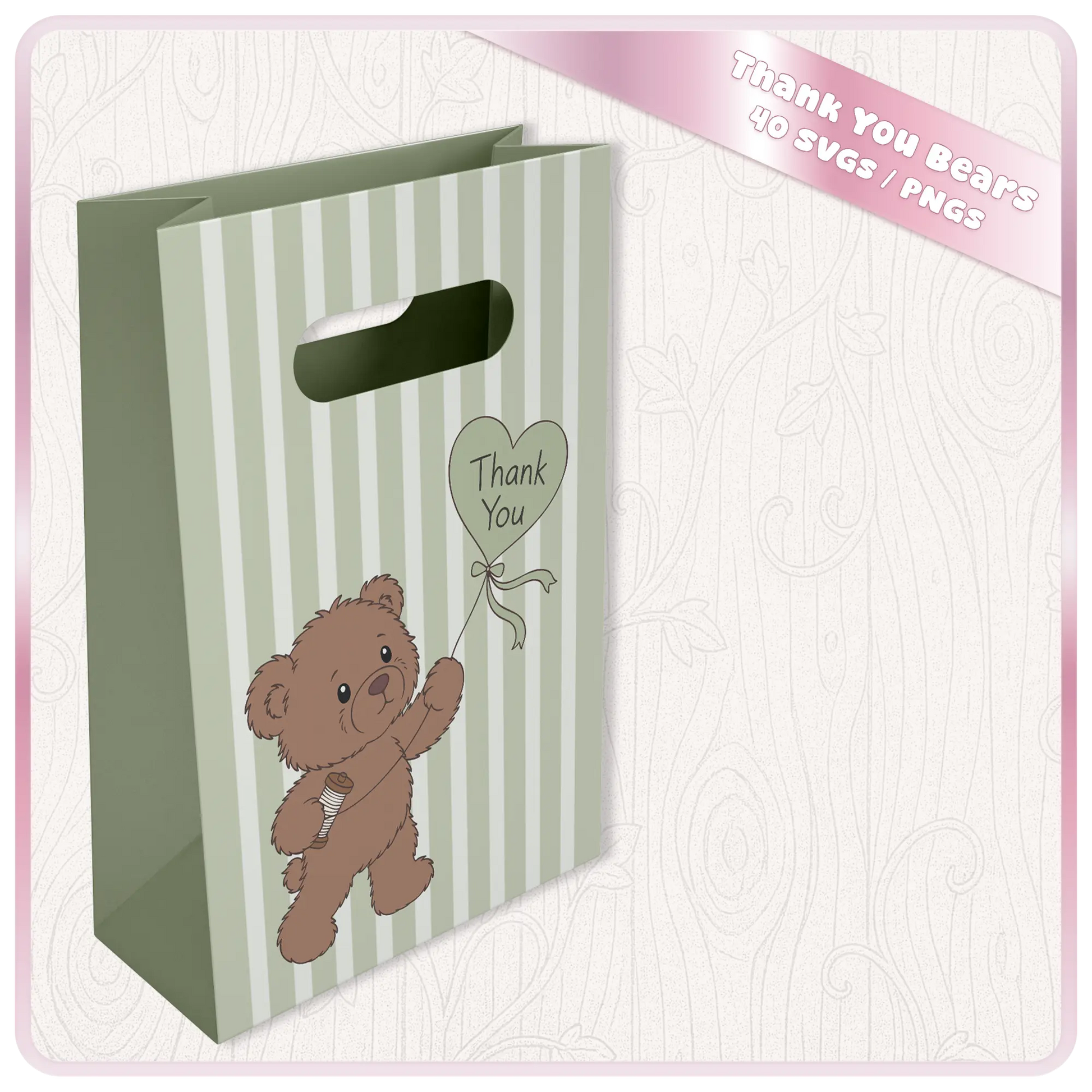 Thank you teddy bear SVG design displayed on gift bag mockup for Cricut vinyl projects, personalised gifts and commercial crafting
