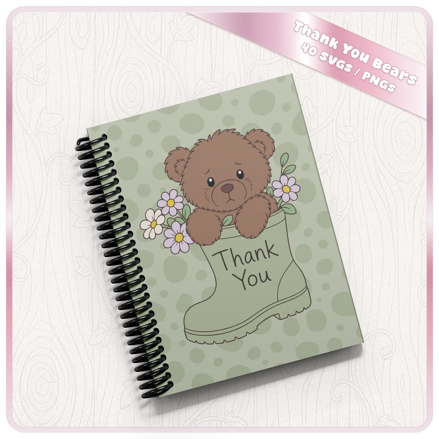 Cute teddy bear thank you SVG clipart displayed on notebook cover mockup for journals, planners, teacher gifts and personalised stationery