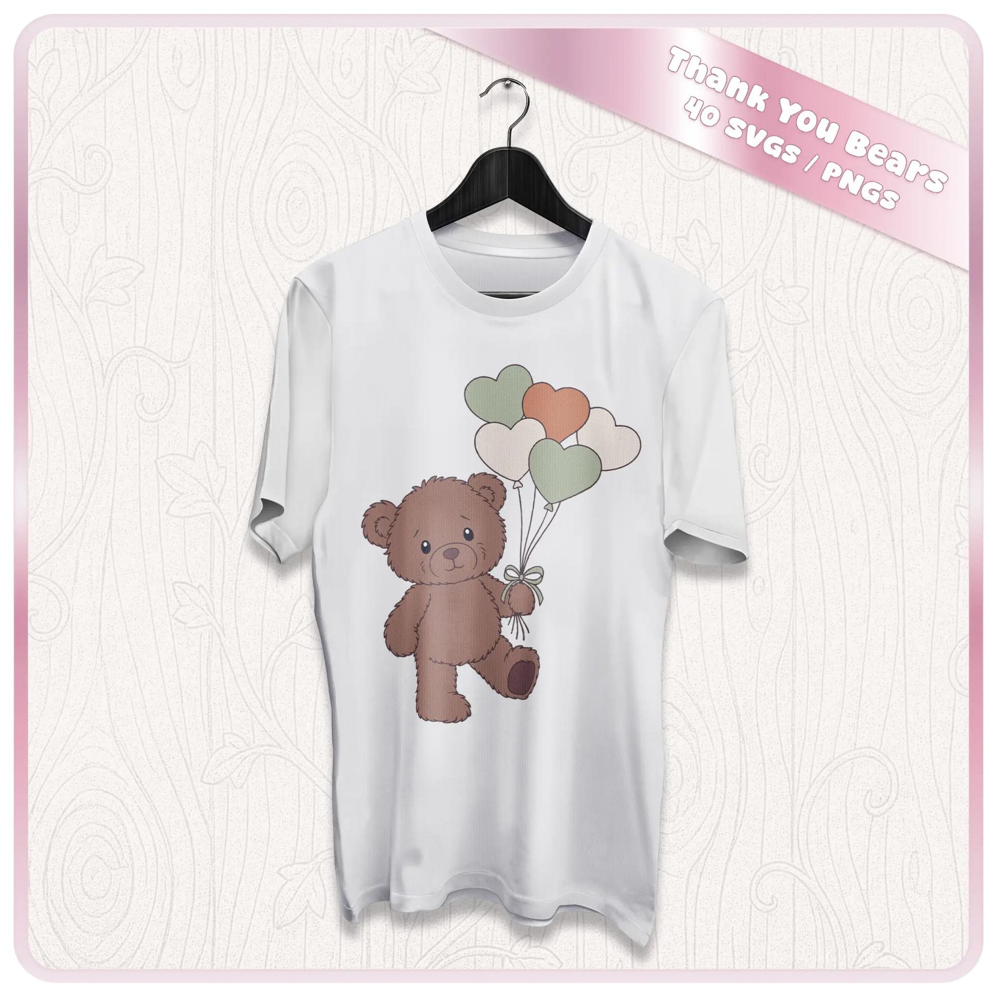 Brown teddy bear holding heart balloons SVG and PNG clipart design shown on t-shirt mockup for sublimation and apparel projects