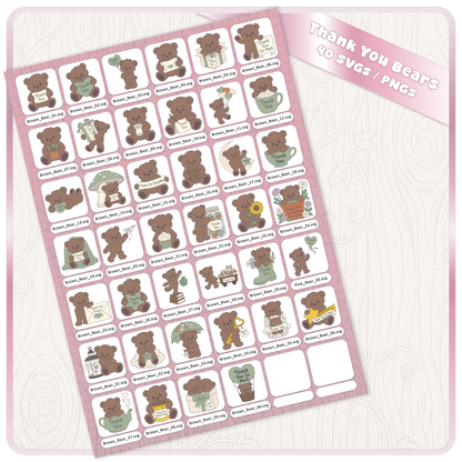 Complete Brown Thank You Teddy Bears SVG bundle preview showing all 40 individual teddy bear SVG and PNG designs included in the download