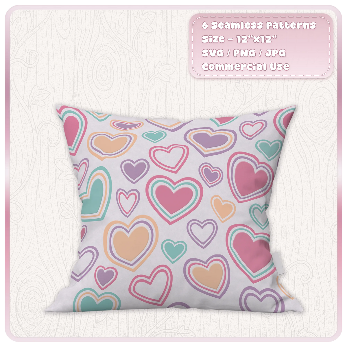 Layered candy hearts seamless pattern on cushion mockup featuring pastel pink purple teal and peach Valentine heart designs