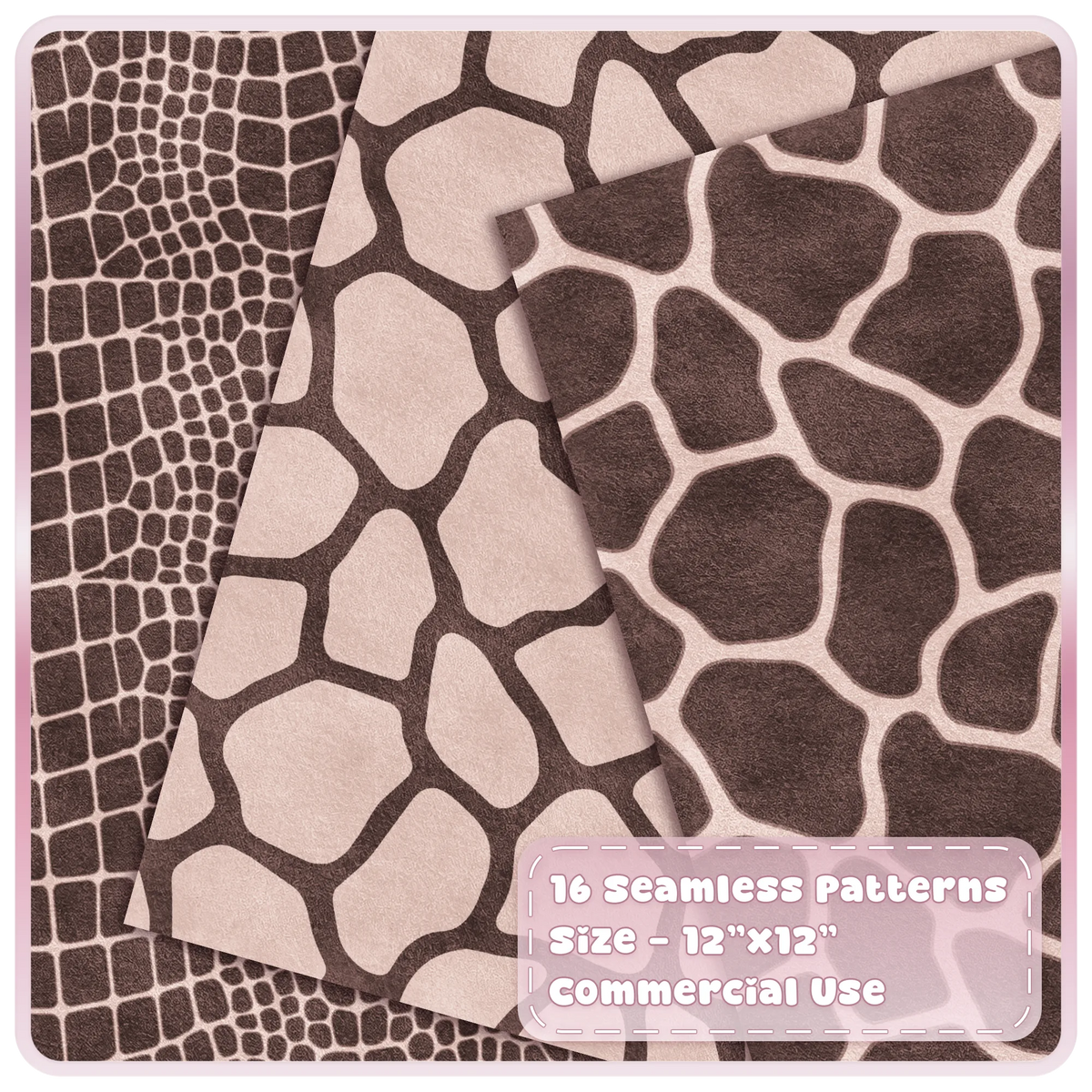 Champagne crocodile and giraffe print seamless digital papers in warm beige and cocoa brown