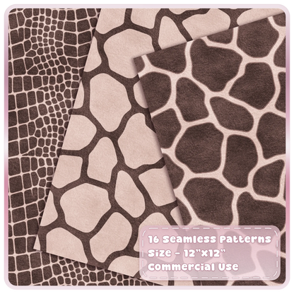 Champagne crocodile and giraffe print seamless digital papers in warm beige and cocoa brown