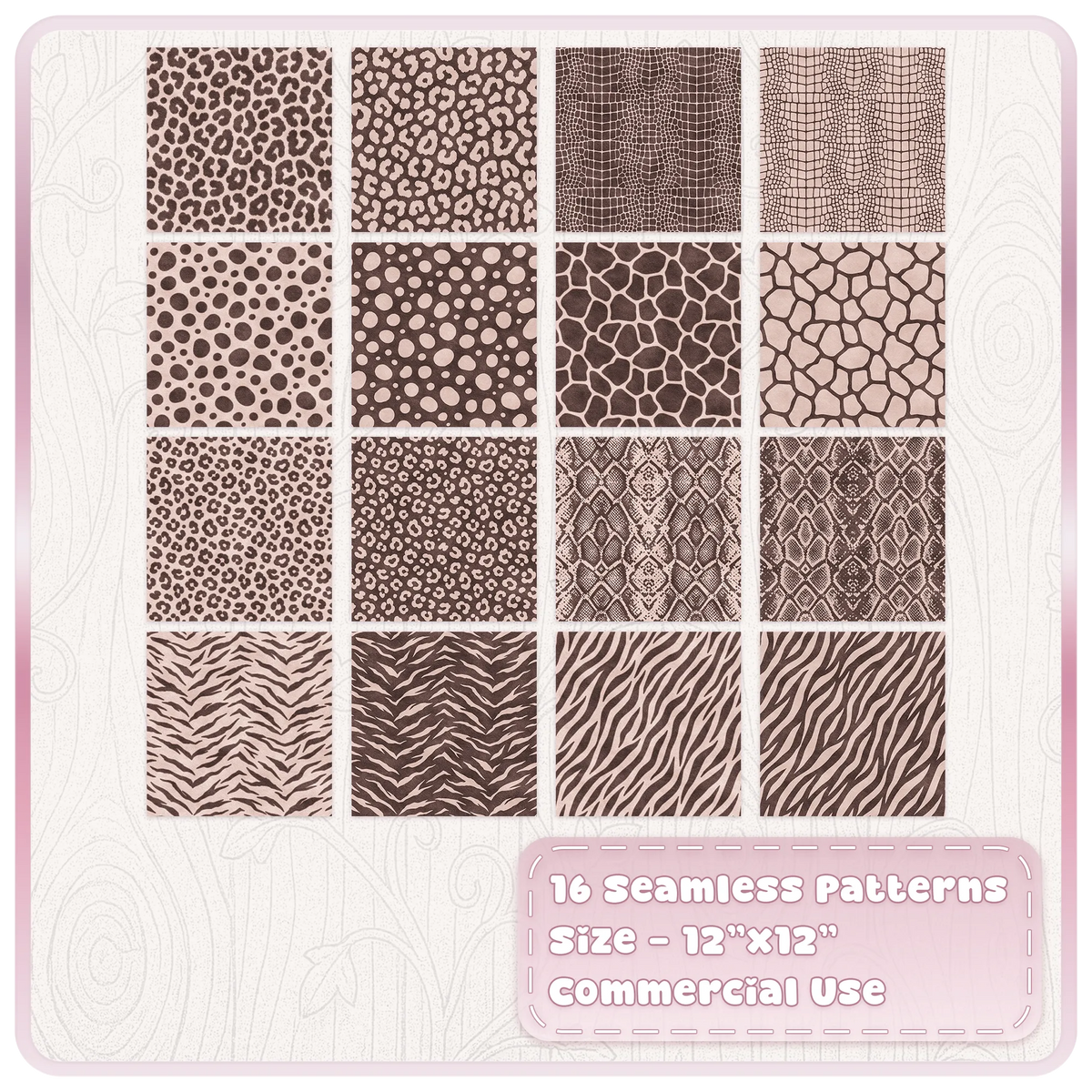 Set of 16 champagne animal print seamless patterns with leopard zebra snake giraffe and crocodile prints