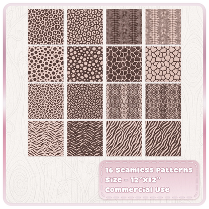 Set of 16 champagne animal print seamless patterns with leopard zebra snake giraffe and crocodile prints