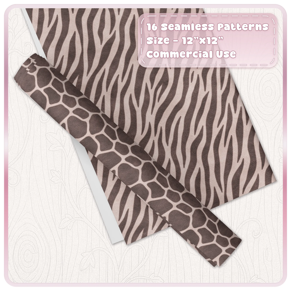 Champagne zebra and giraffe seamless animal print digital papers shown as coordinating craft sheets