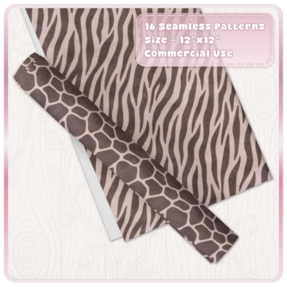 Champagne zebra and giraffe seamless animal print digital papers shown as coordinating craft sheets