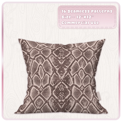 Champagne brown snakeskin seamless animal print pattern displayed on a decorative cushion mockup