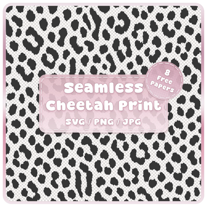 Seamless cheetah animal print pattern SVG PNG JPG digital download with black spots on transparent background and 8 free colour example papers.