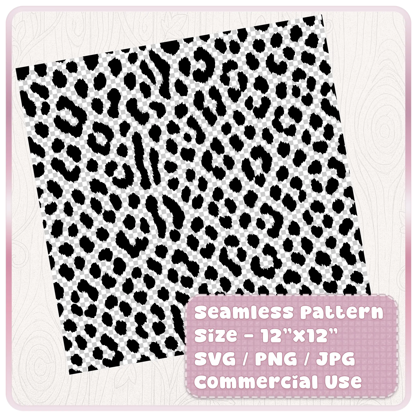 Tileable seamless cheetah print digital paper shown as a 12x12 animal print pattern with SVG PNG JPG file formats for commercial craft use.