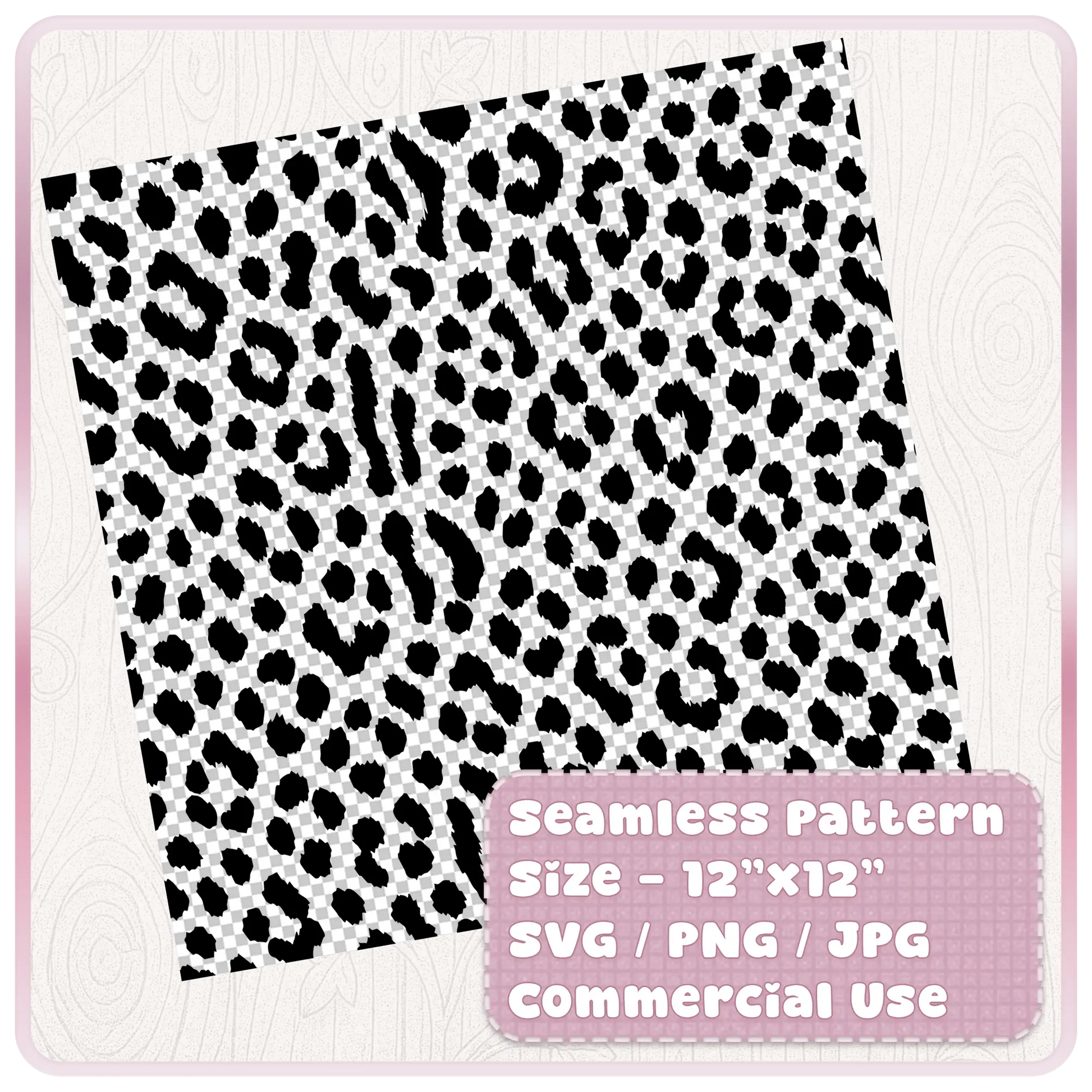 Tileable seamless cheetah print digital paper shown as a 12x12 animal print pattern with SVG PNG JPG file formats for commercial craft use.