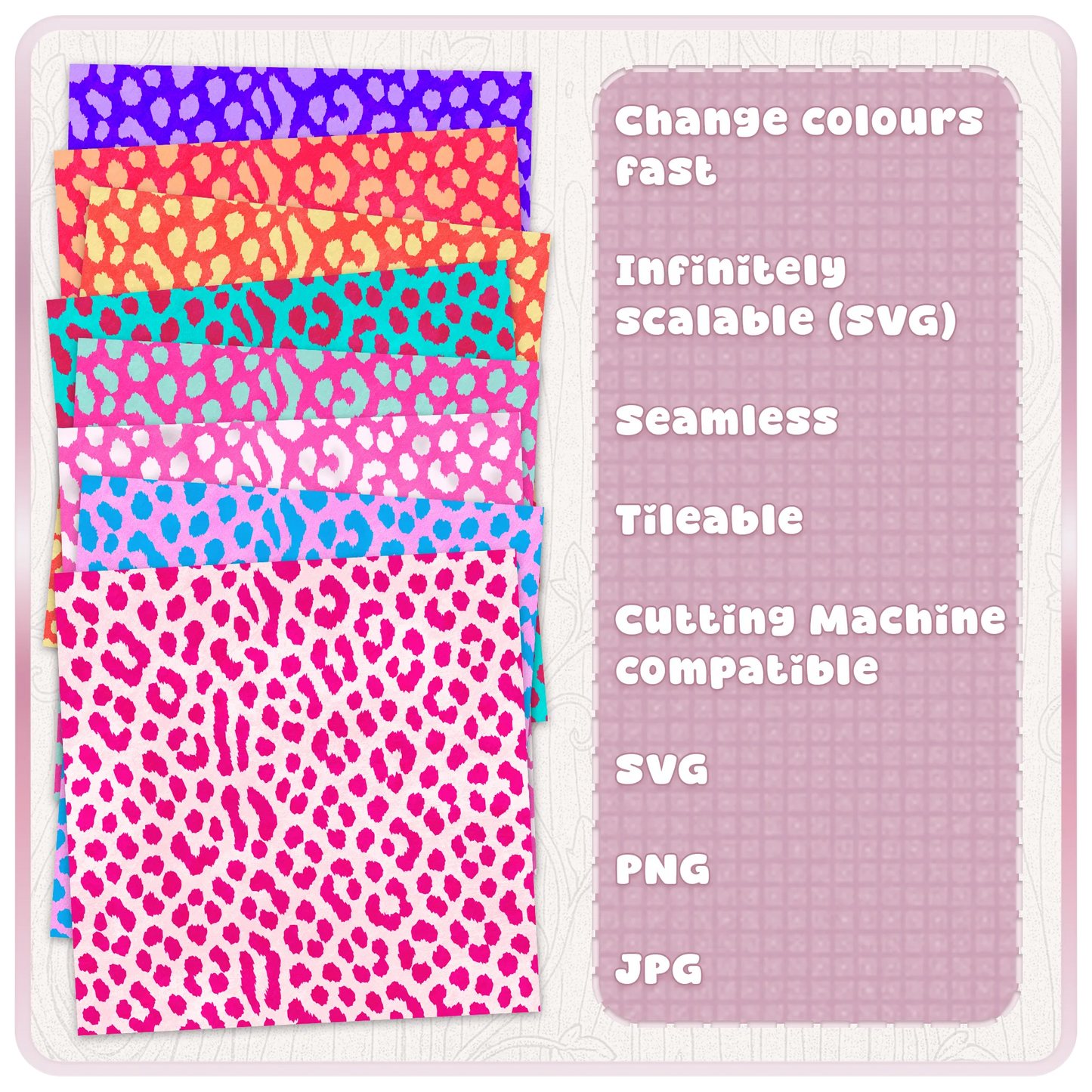 Colour examples of seamless cheetah print pattern showing bright animal print digital papers with SVG PNG JPG files for Cricut and sublimation crafts.