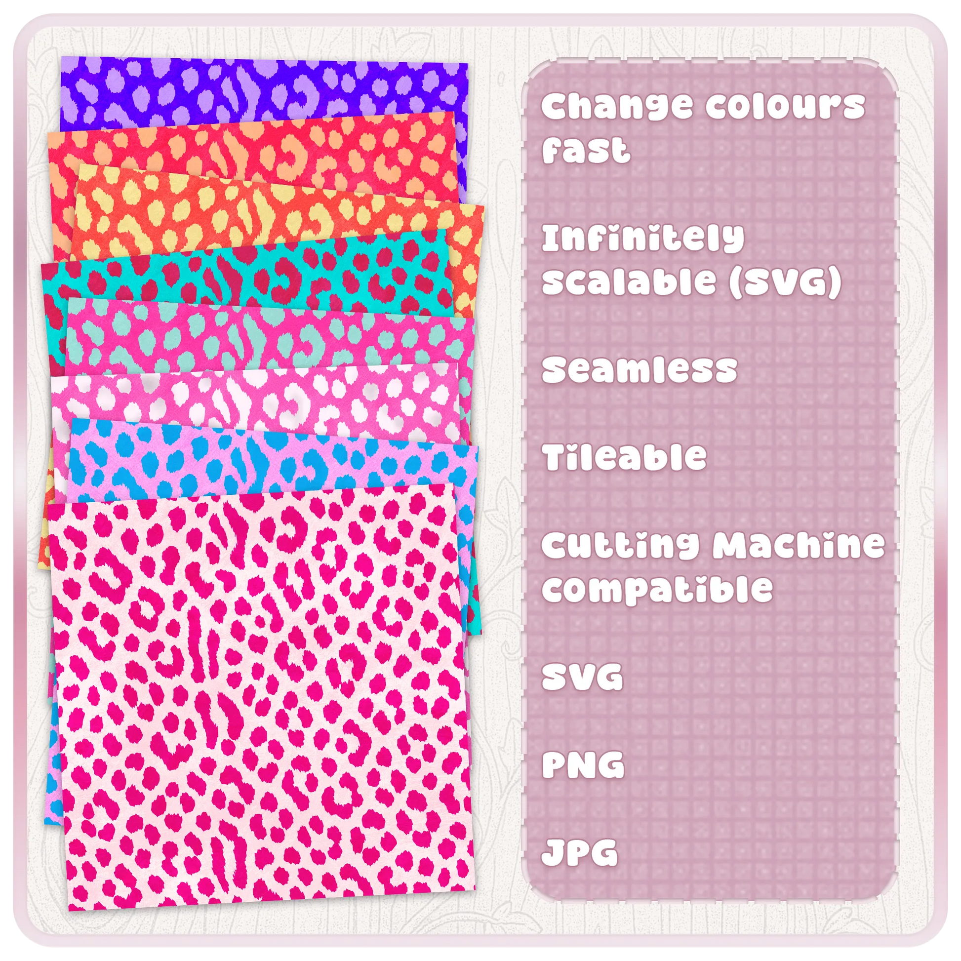 Colour examples of seamless cheetah print pattern showing bright animal print digital papers with SVG PNG JPG files for Cricut and sublimation crafts.