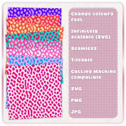 Colour examples of seamless cheetah print pattern showing bright animal print digital papers with SVG PNG JPG files for Cricut and sublimation crafts.