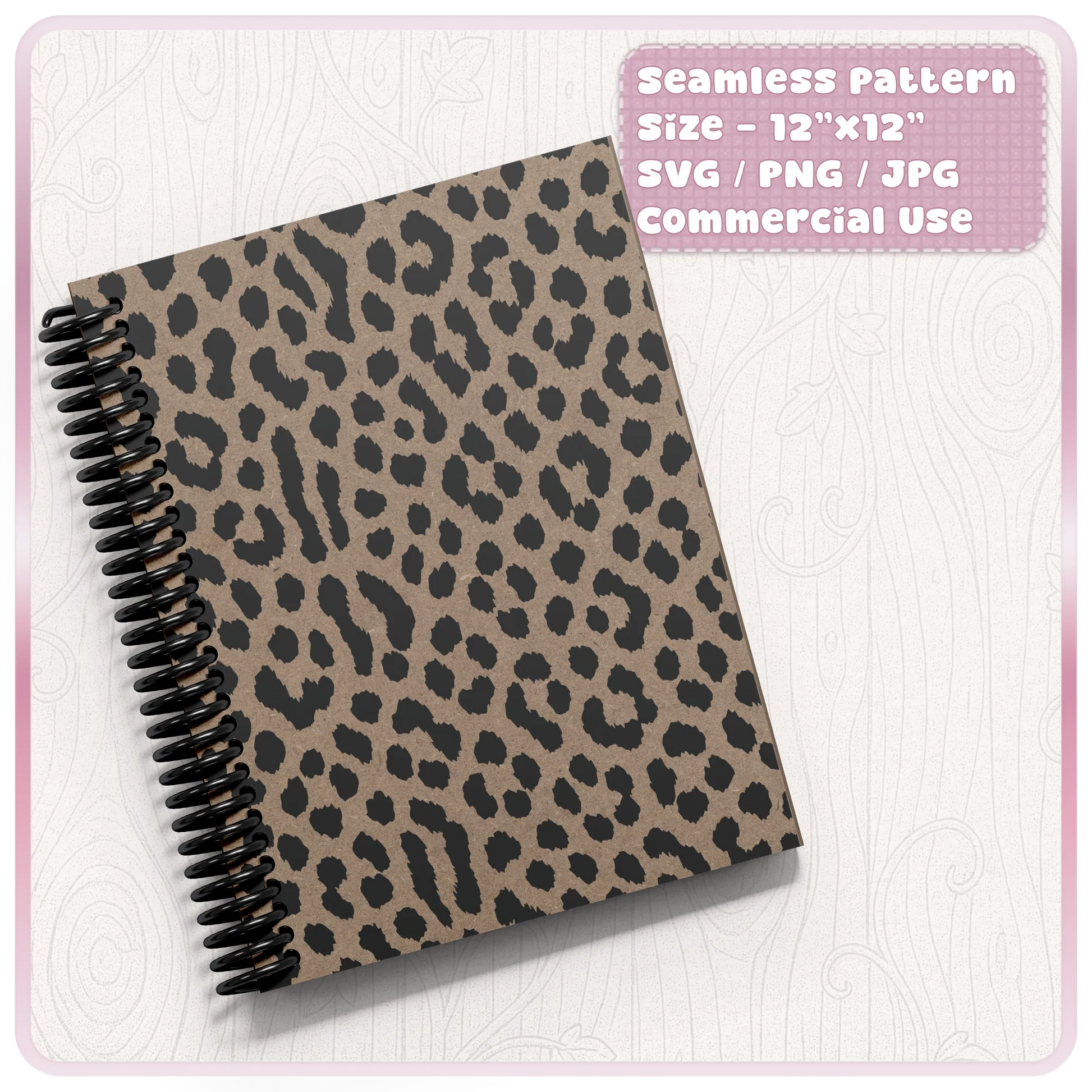 Cheetah animal print seamless pattern displayed on a spiral notebook cover, ideal for planner covers, stationery, scrapbooking and printable craft projects.