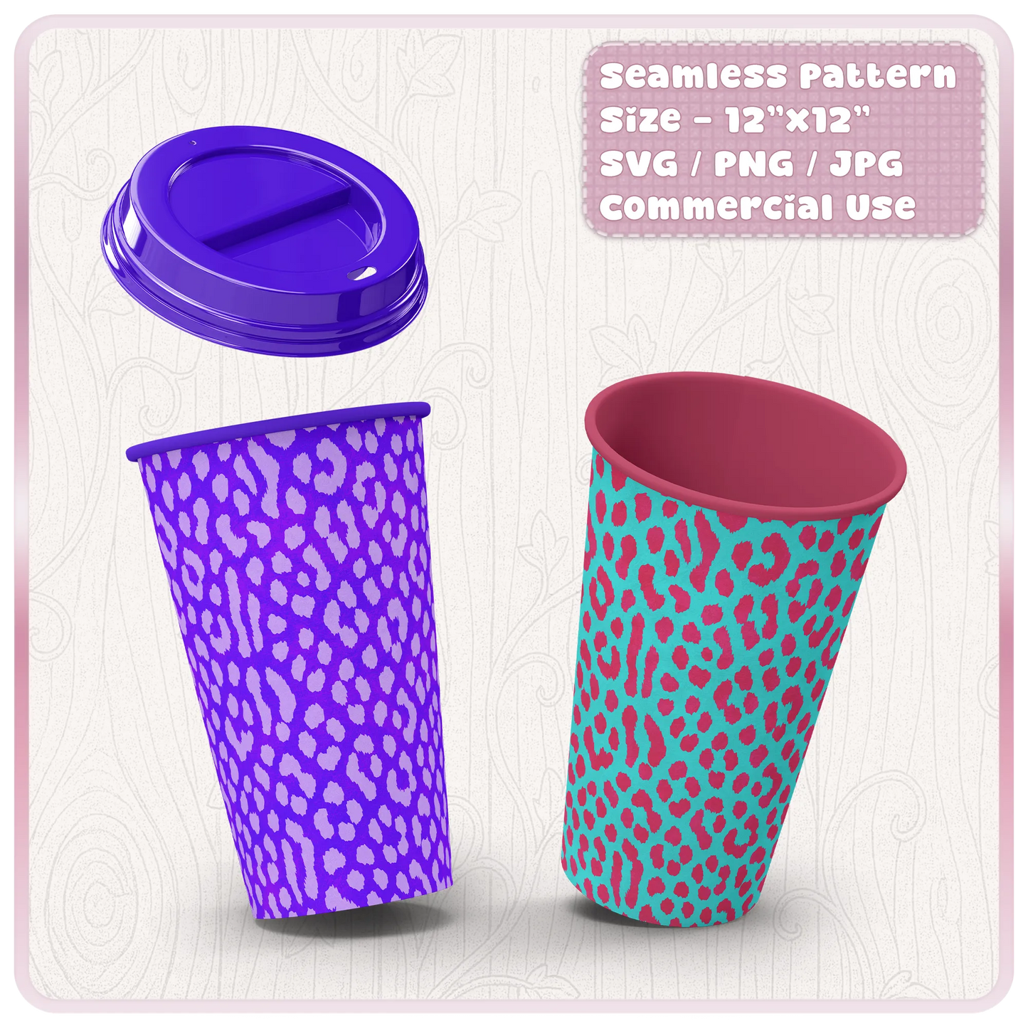 Seamless cheetah animal print pattern mockup on reusable cups and tumbler designs, perfect for SVG PNG JPG craft downloads and sublimation projects.