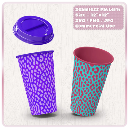 Seamless cheetah animal print pattern mockup on reusable cups and tumbler designs, perfect for SVG PNG JPG craft downloads and sublimation projects.