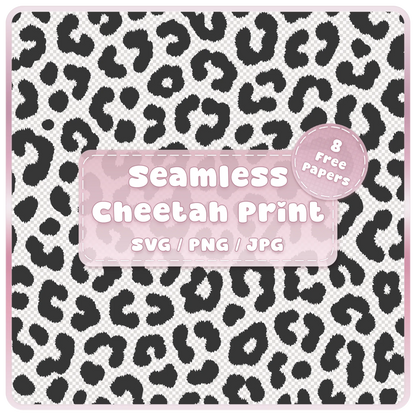 Seamless cheetah animal print pattern SVG PNG JPG digital download with black spots on transparent background and 8 free colour example papers.