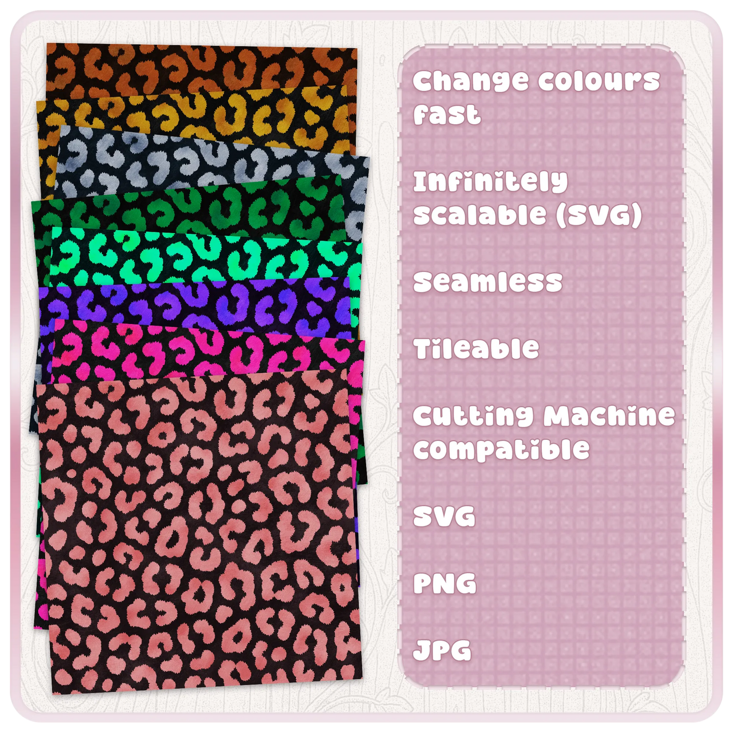 Cheetah animal print seamless pattern colour examples showing recolourable SVG design for digital paper, crafts, cutting machines and commercial use.