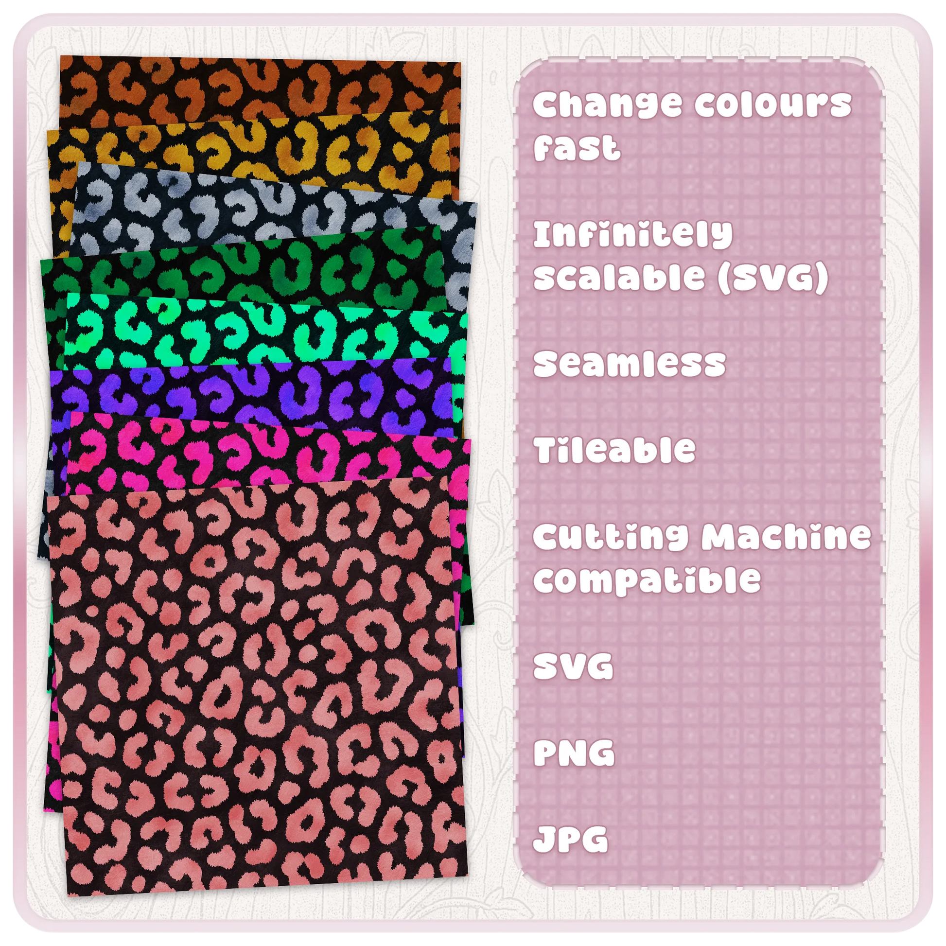 Cheetah animal print seamless pattern colour examples showing recolourable SVG design for digital paper, crafts, cutting machines and commercial use.