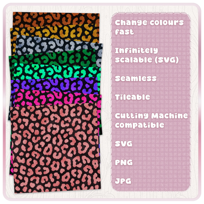 Cheetah animal print seamless pattern colour examples showing recolourable SVG design for digital paper, crafts, cutting machines and commercial use.