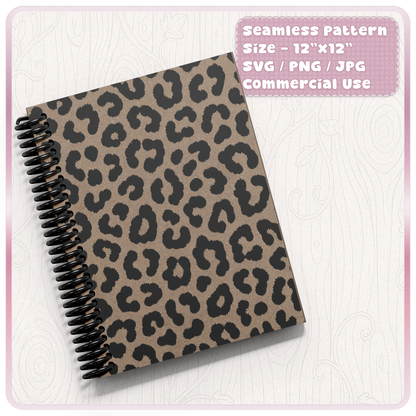 Brown and black seamless cheetah print pattern displayed on a spiral notebook mockup for stationery, planner covers and printable craft projects.