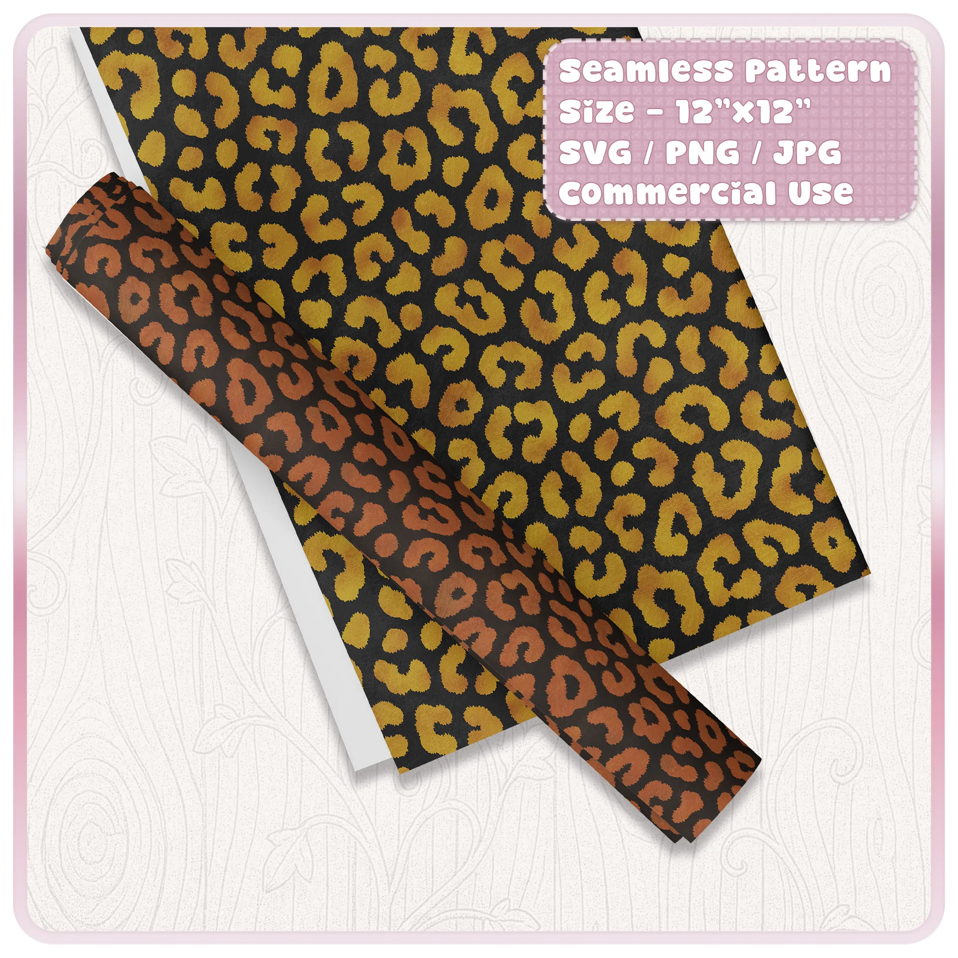Seamless cheetah animal print digital paper mockup with gold and brown colour variations for wrapping paper, vinyl, sublimation and crafts.
