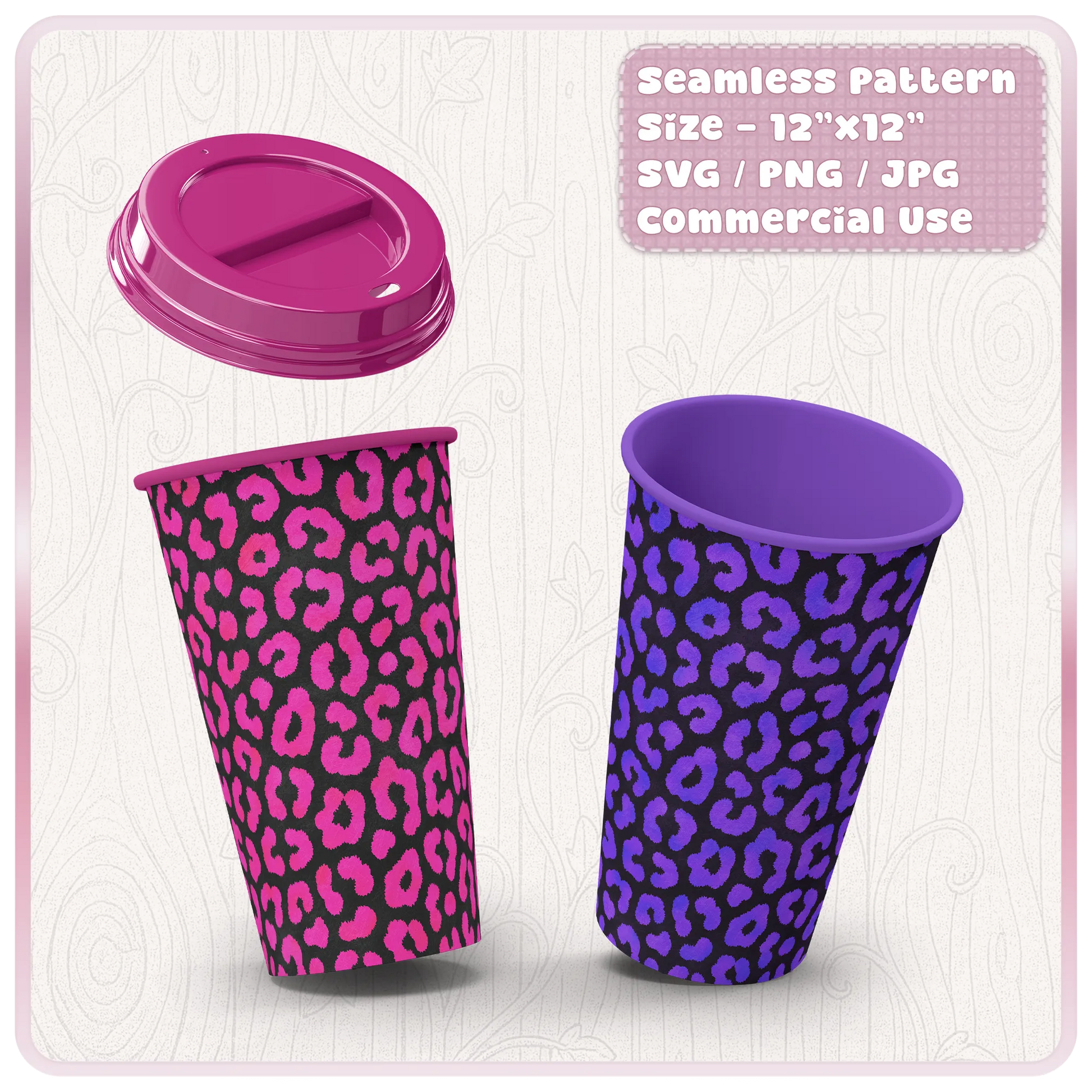 Cheetah print tumbler wrap mockup featuring pink and purple seamless animal print patterns for cups, sublimation, vinyl and handmade gifts.