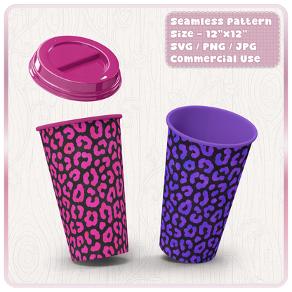 Cheetah print tumbler wrap mockup featuring pink and purple seamless animal print patterns for cups, sublimation, vinyl and handmade gifts.
