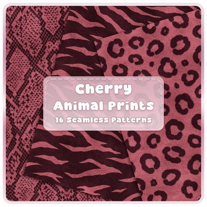 Cherry animal print seamless patterns bundle with snakeskin zebra and leopard digital papers