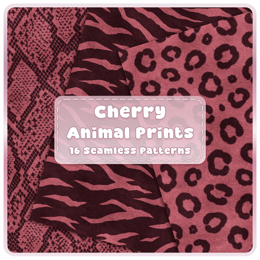Cherry animal print seamless patterns bundle with snakeskin zebra and leopard digital papers