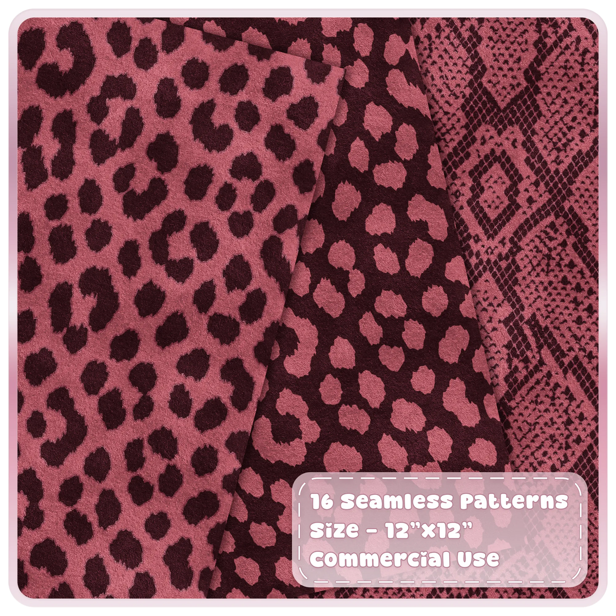 Cherry pink leopard print and snakeskin seamless digital papers in rich burgundy animal patterns