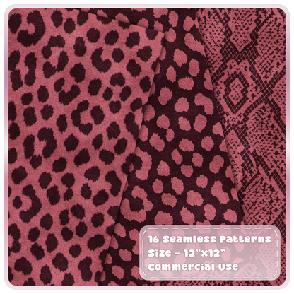 Cherry pink leopard print and snakeskin seamless digital papers in rich burgundy animal patterns