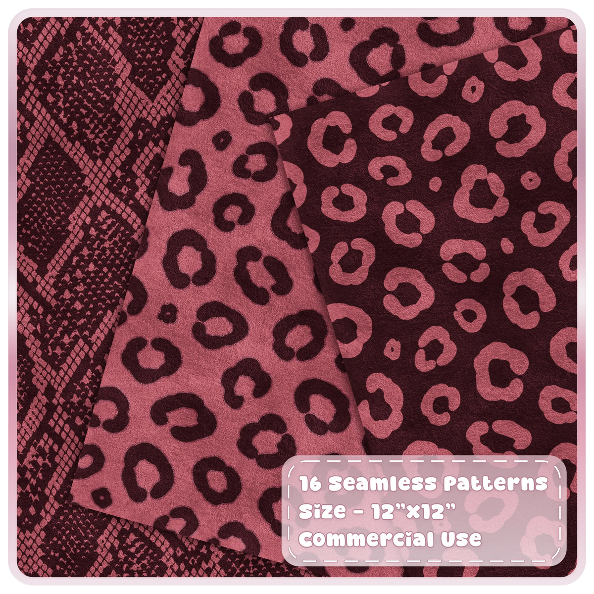 Cherry leopard print and python snakeskin seamless patterns in pink and deep burgundy tones