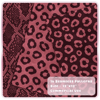 Cherry leopard print and python snakeskin seamless patterns in pink and deep burgundy tones