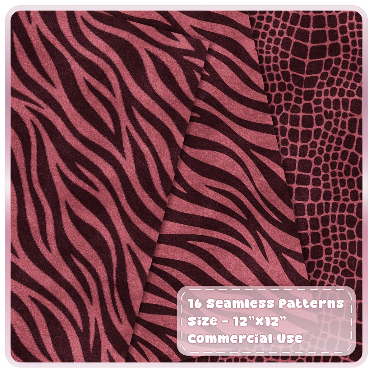 Cherry pink zebra stripe and crocodile skin seamless animal print digital papers
