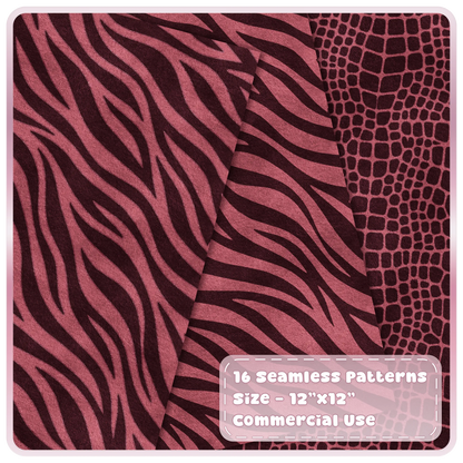 Cherry pink zebra stripe and crocodile skin seamless animal print digital papers
