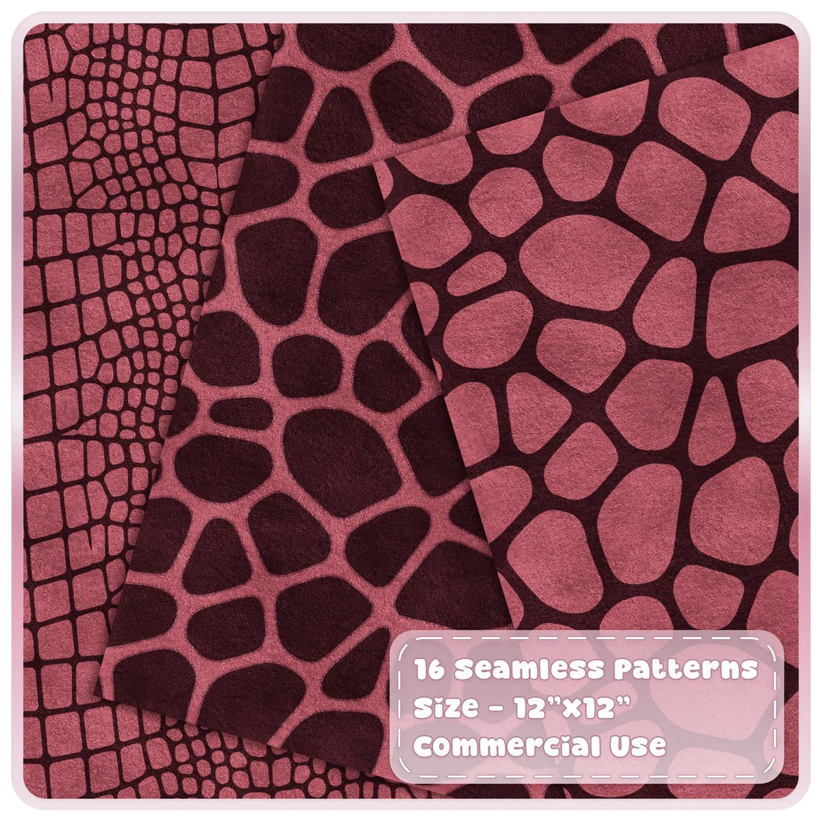 Cherry crocodile and giraffe print seamless digital papers in berry pink and dark burgundy