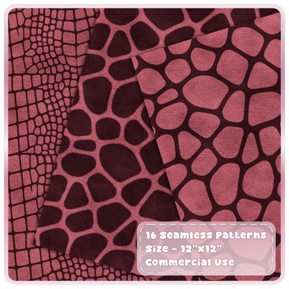 Cherry crocodile and giraffe print seamless digital papers in berry pink and dark burgundy