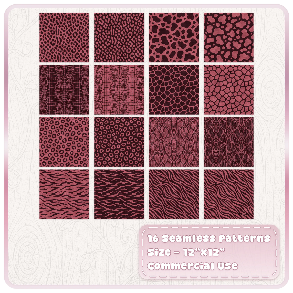 Set of 16 cherry animal print seamless patterns with leopard zebra snake giraffe and crocodile prints