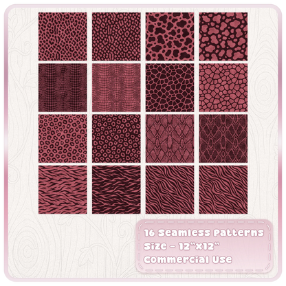 Set of 16 cherry animal print seamless patterns with leopard zebra snake giraffe and crocodile prints