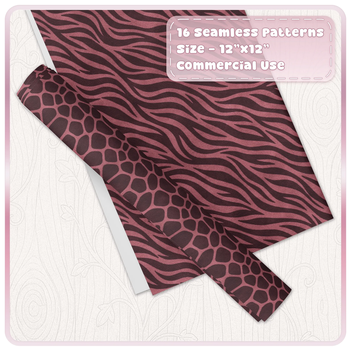 Cherry zebra and giraffe seamless animal print digital papers shown as coordinating craft sheets