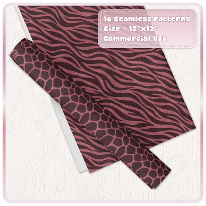 Cherry zebra and giraffe seamless animal print digital papers shown as coordinating craft sheets