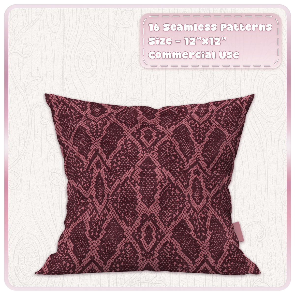 Cherry burgundy snakeskin seamless animal print pattern displayed on a decorative cushion mockup