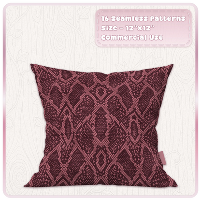Cherry burgundy snakeskin seamless animal print pattern displayed on a decorative cushion mockup
