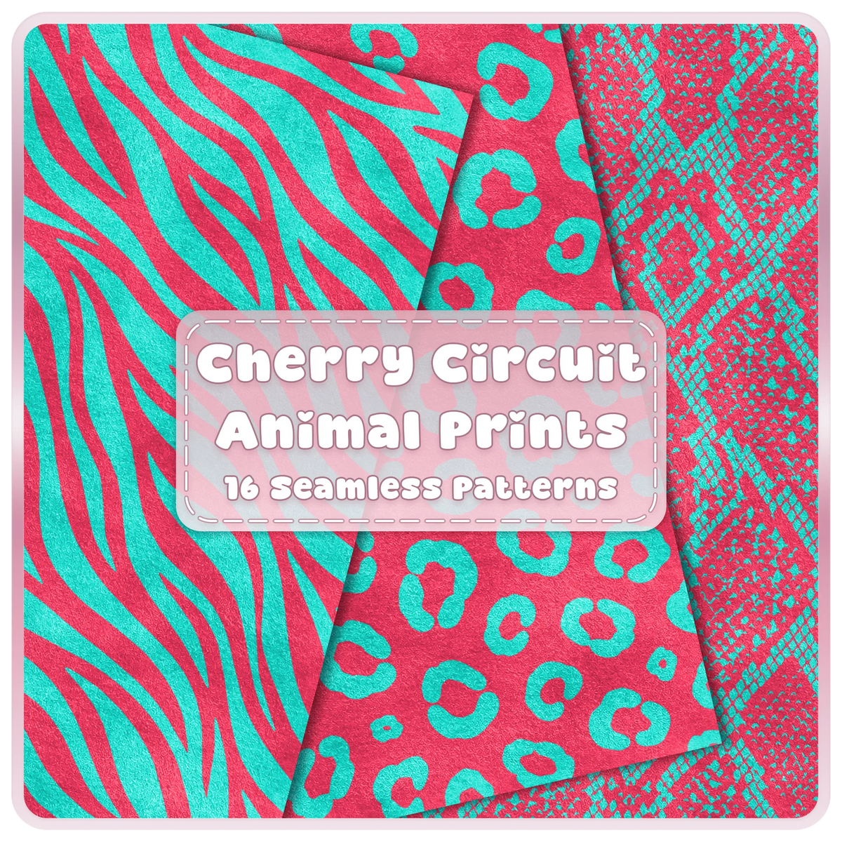 Cherry Circuit animal print seamless pattern bundle in cherry pink and aqua with zebra, leopard and snake print digital papers